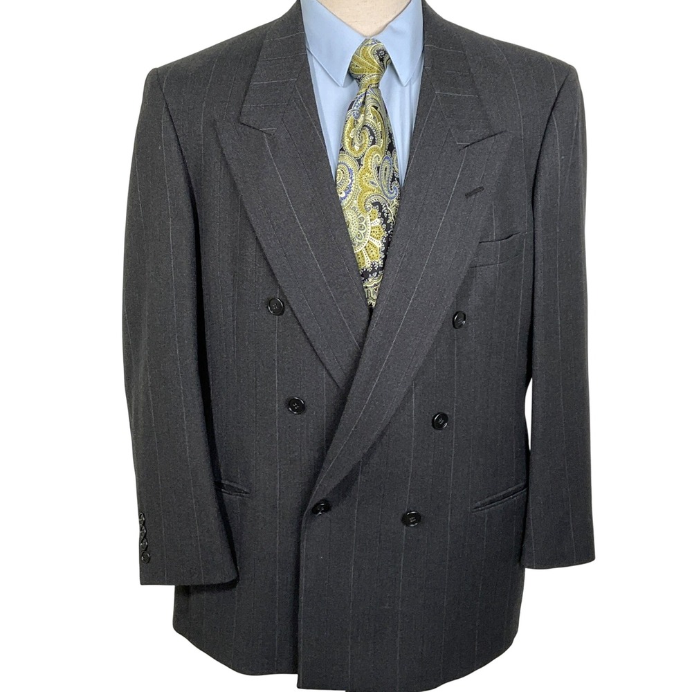 Pierre Cardin Blazer Men 44 Gray Pinstripe Double Breasted Wool Jacket Union USA